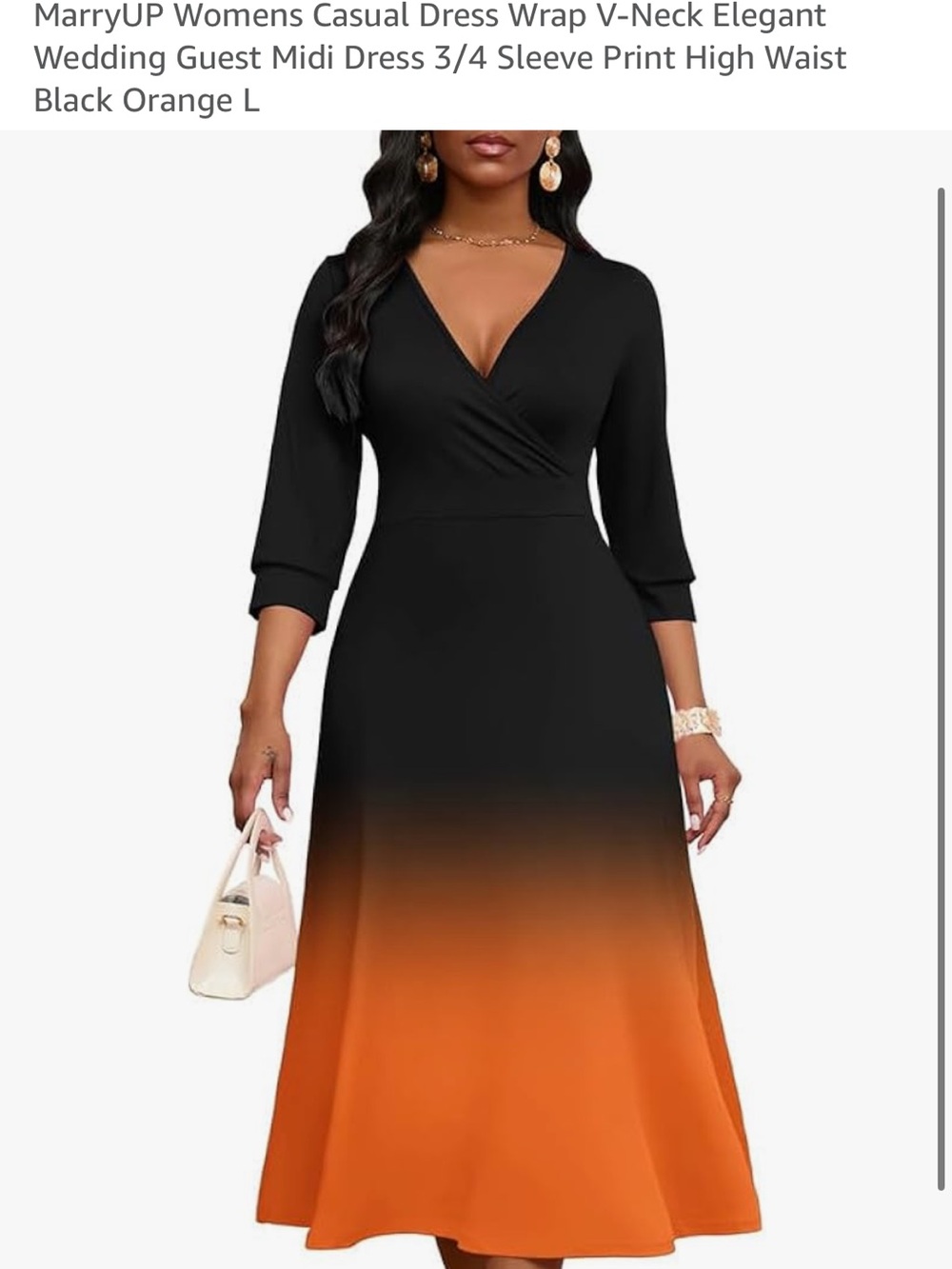 Women's Black to Orange Ombre Midi Dress - V-Neck 3/4 Sleeve